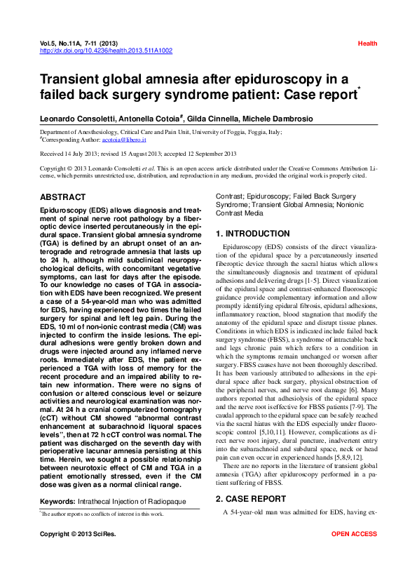 (PDF) Transient global amnesia after epiduroscopy in a failed back ...