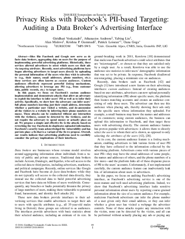 (PDF) Privacy Risks with Facebook's PII-Based Targeting: Auditing a ...