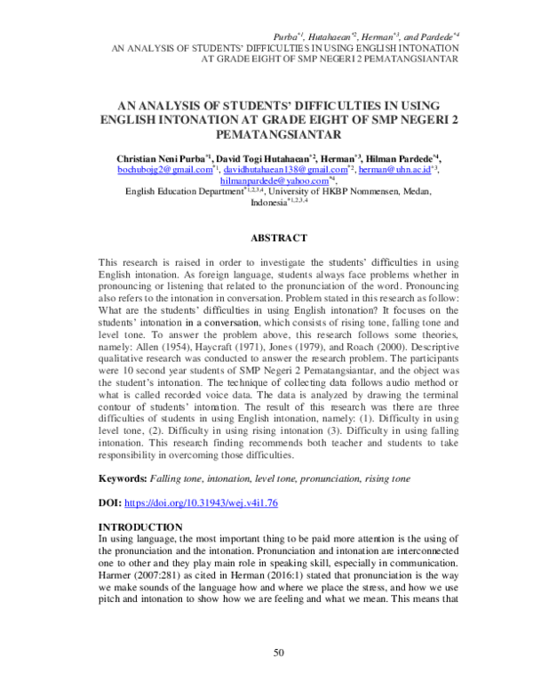 (PDF) An Analysis of Students' Difficulties in Using English Intonation ...