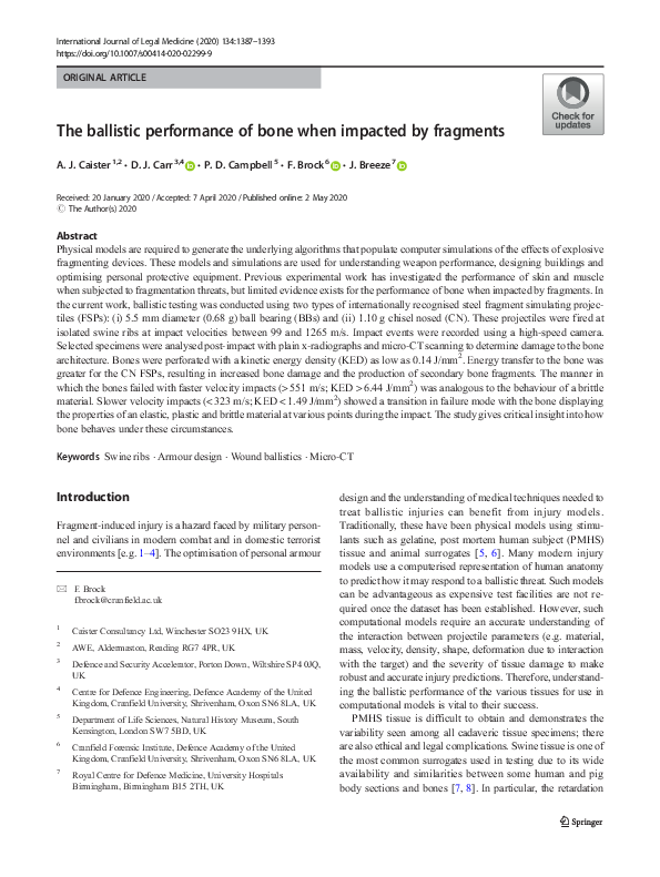 (PDF) The ballistic performance of bone when impacted by fragments