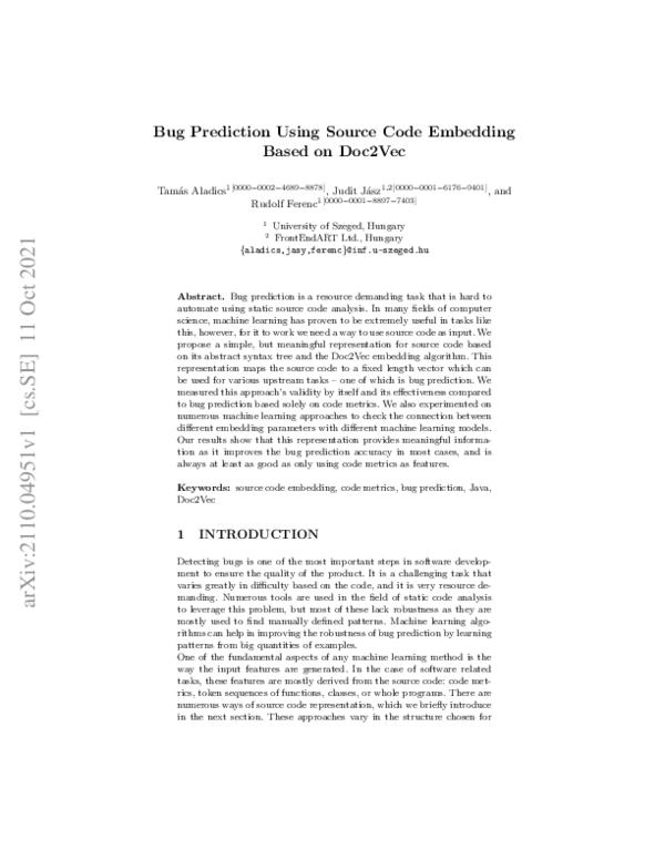 (PDF) Bug Prediction Using Source Code Embedding Based on Doc2Vec