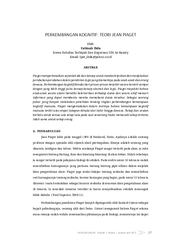 Pdf Perkembangan Kognitif Teori Jean Piaget