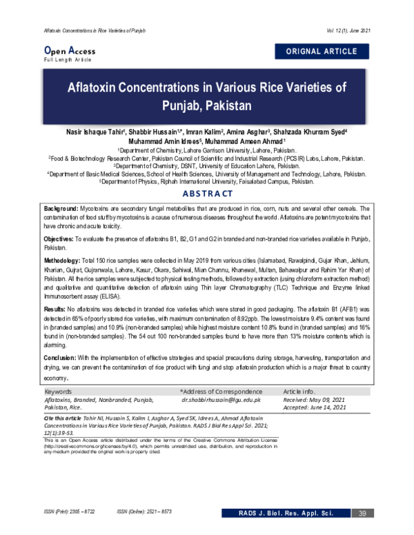 (PDF) Aflatoxin Concentrations in Various Rice Varieties of Punjab ...