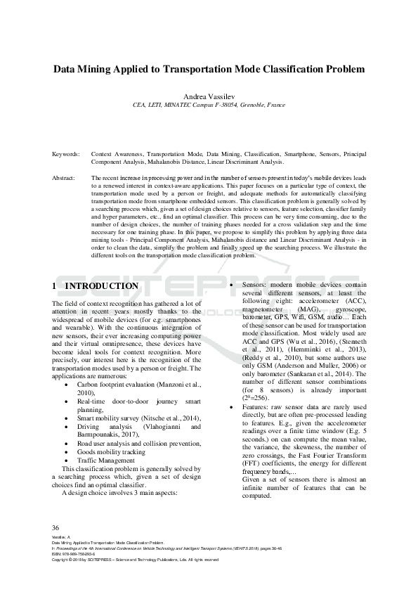 (PDF) Data Mining Applied to Transportation Mode Classification Problem