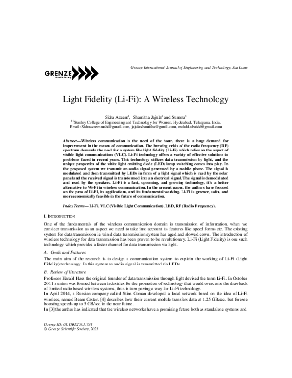 (PDF) Light Fidelity (Li-Fi): A Wireless Technology
