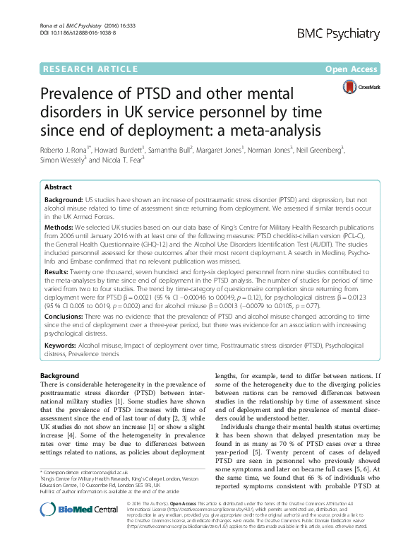 (PDF) Prevalence of PTSD and other mental disorders in UK service ...