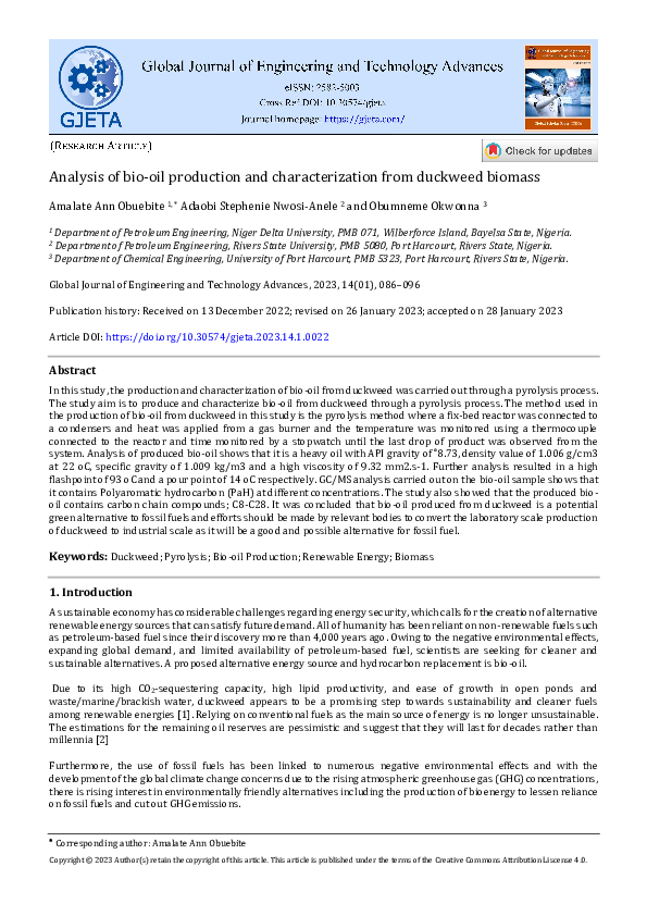(PDF) Analysis of bio-oil production and characterization from duckweed ...
