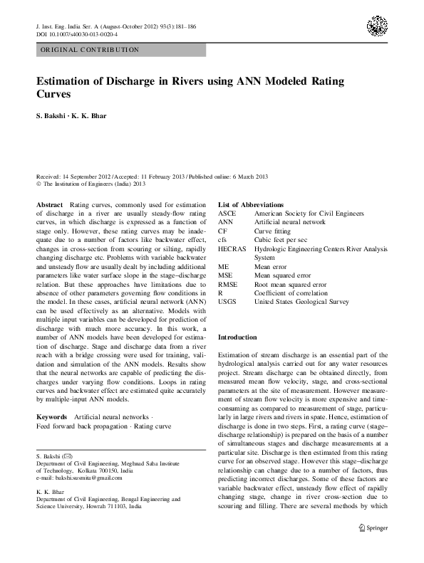 (PDF) Estimation of Discharge in Rivers using ANN Modeled Rating Curves