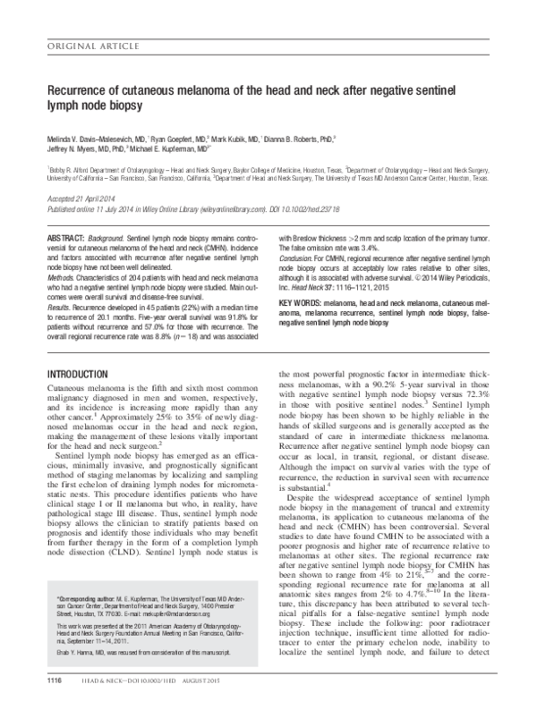 (PDF) Recurrence of cutaneous melanoma of the head and neck after ...