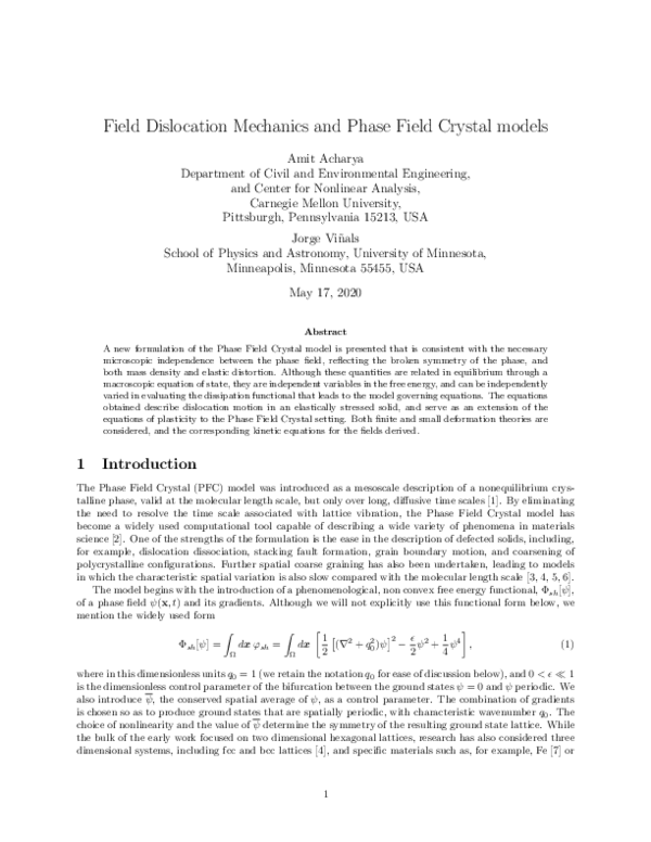 (PDF) Field dislocation mechanics and phase field crystal models
