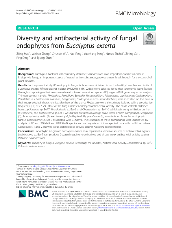 (PDF) Diversity and antibacterial activity of fungal endophytes from ...