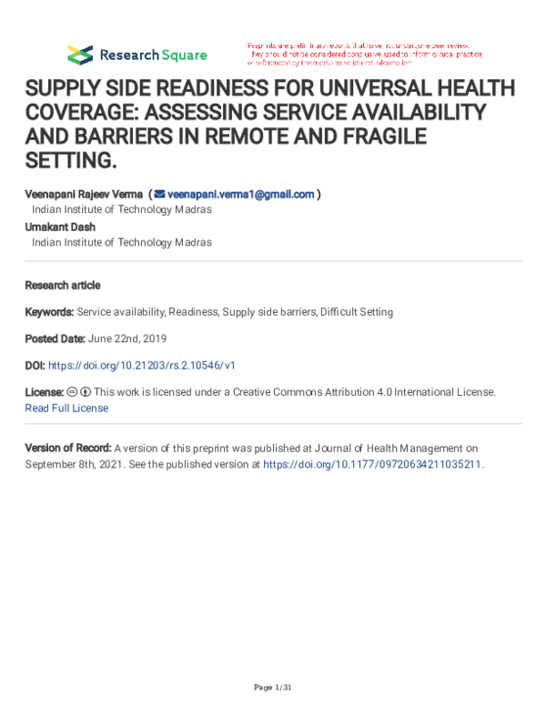 (PDF) Supply-side Readiness for Universal Health Coverage: Assessing ...