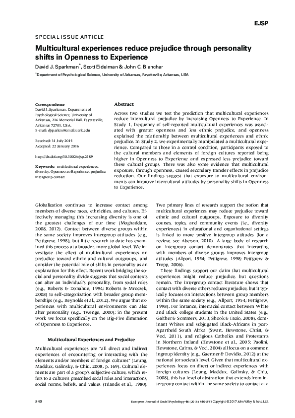 (PDF) Multicultural experiences reduce prejudice through personality ...