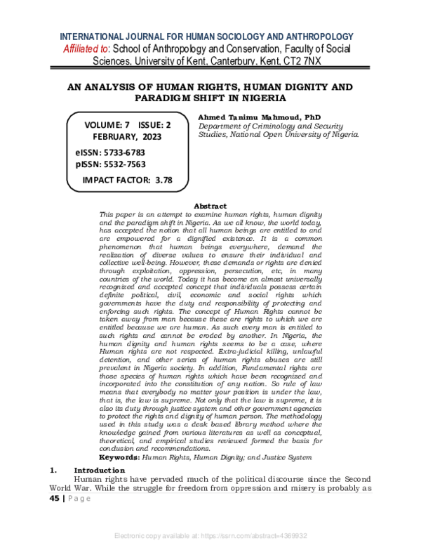 (PDF) AN ANALYSIS OF HUMAN RIGHTS, HUMAN DIGNITY AND PARADIGM SHIFT IN ...