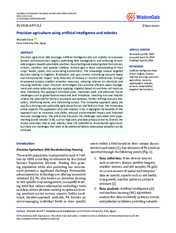 (PDF) Precision agriculture using artificial intelligence and robotics