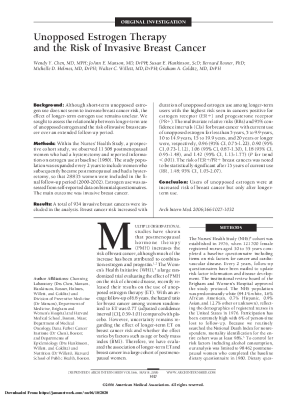 (PDF) Unopposed Estrogen Therapy and the Risk of Invasive Breast Cancer