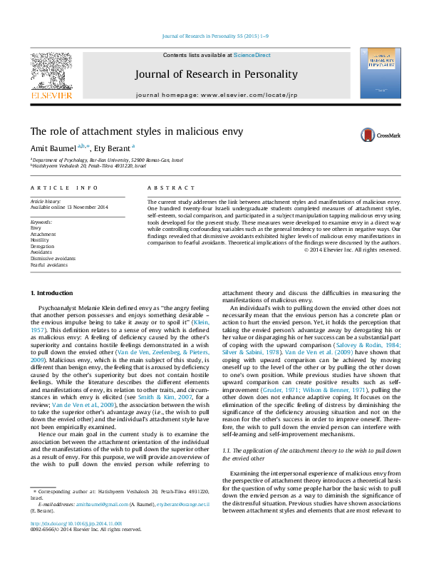 (PDF) The role of attachment styles in malicious envy