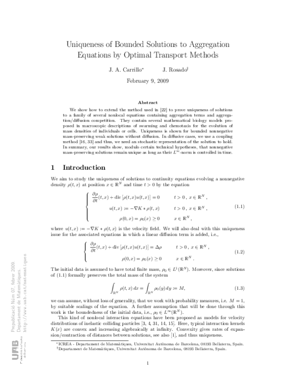 (PDF) Uniqueness of bounded solutions to aggregation equations by ...
