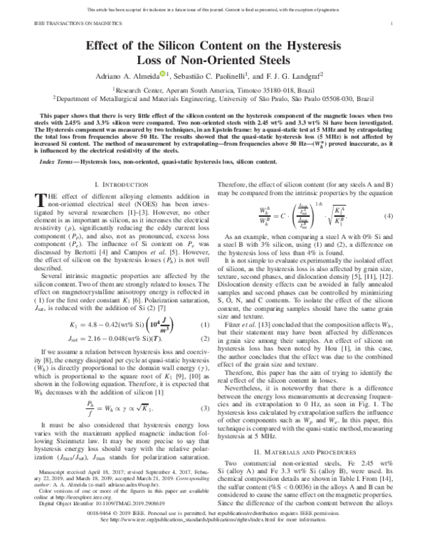 (PDF) Effect of the Silicon Content on the Hysteresis Loss of Non ...