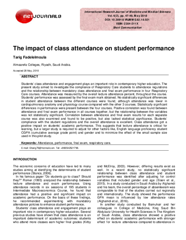 (PDF) The impact of class attendance on student performance