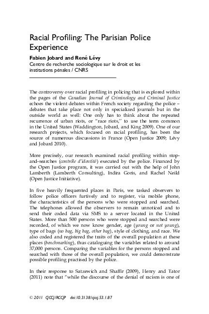 (PDF) Racial Profiling: The Parisian Police Experience