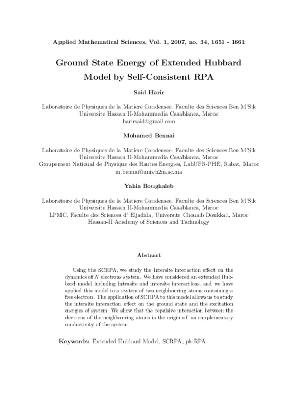 (PDF) Ground State Energy of Extended Hubbard Model by self-consistent RPA
