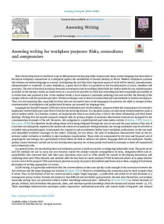 (PDF) Assessing writing for workplace purposes: Risks, conundrums and ...