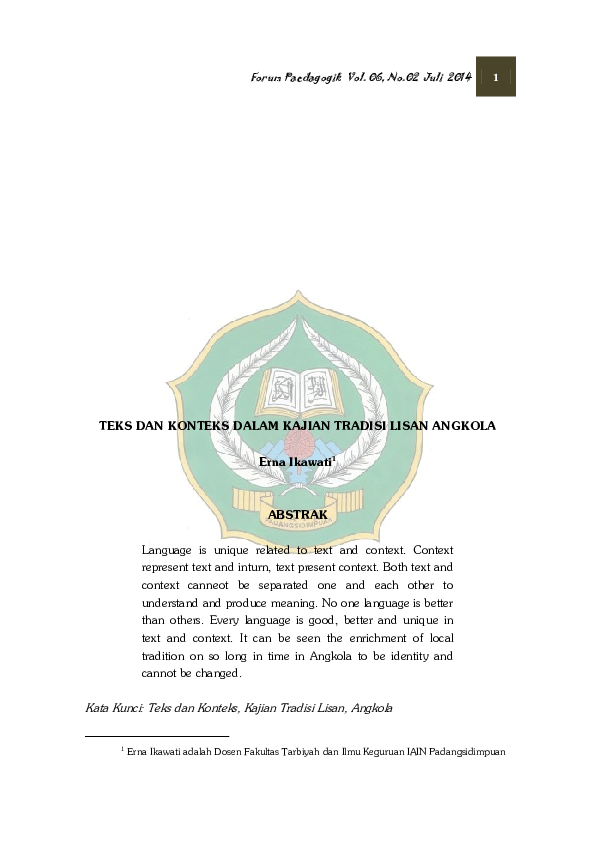 (PDF) Teks Dan Konteks Dalam Kajian Tradisi Lisan Angkola