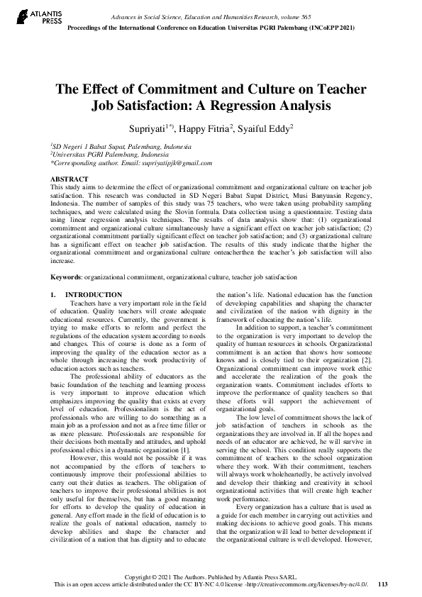 (PDF) The Effect of Commitment and Culture on Teacher Job Satisfaction ...