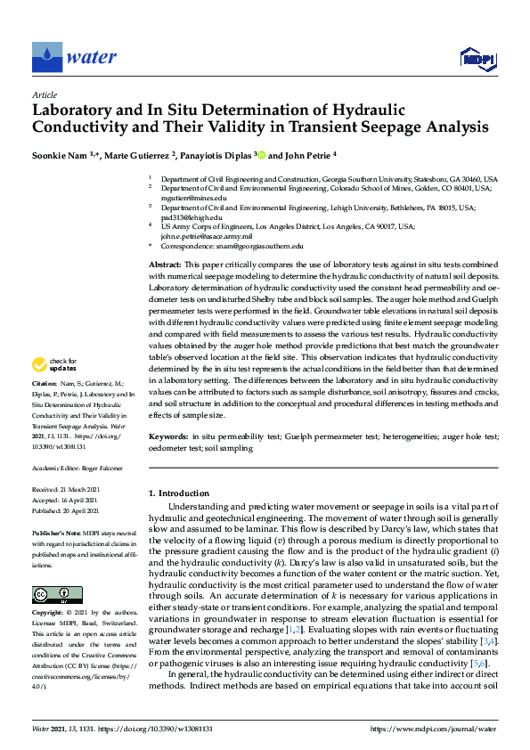 (PDF) Laboratory and In Situ Determination of Hydraulic Conductivity ...