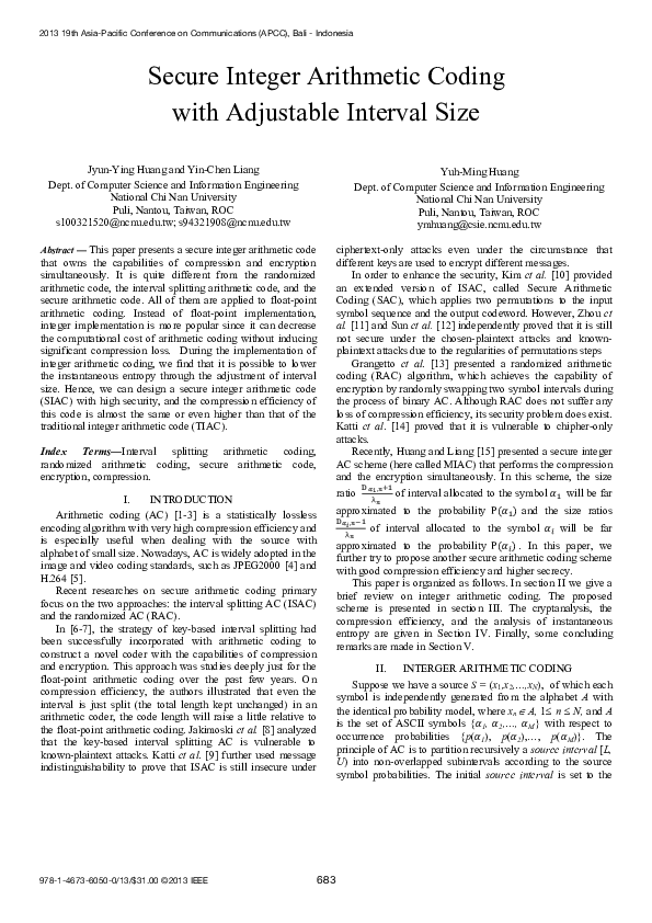 (PDF) Secure integer arithmetic coding with adjustable interval size