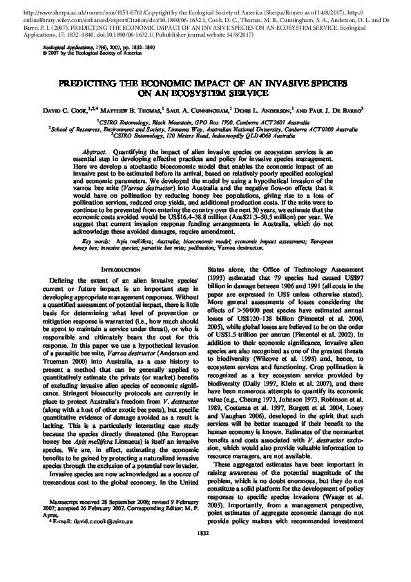 (PDF) Predicting the Economic Impact of an Invasive Species on an ...