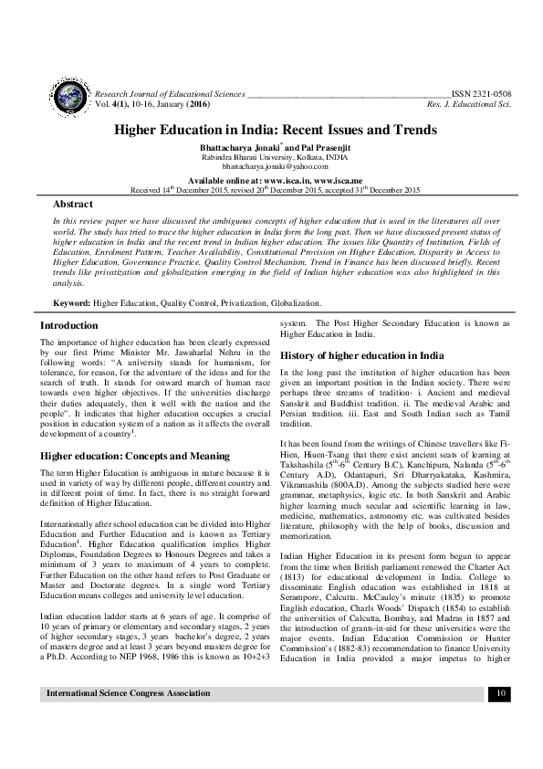 (PDF) Higher Education in India: Recent Issues and Trends