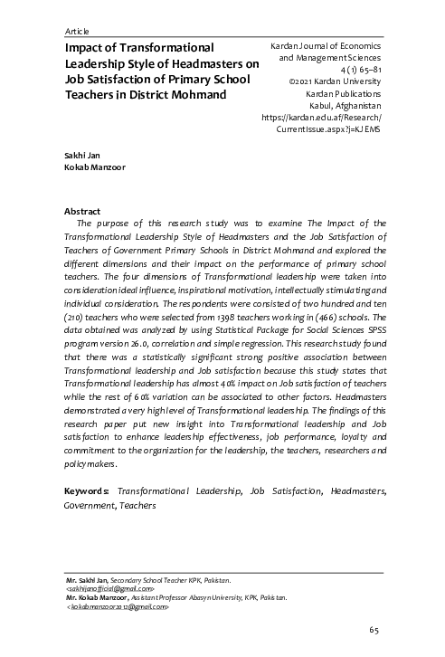 (PDF) Impact of Transformational Leadership Style of Headmaster's on ...