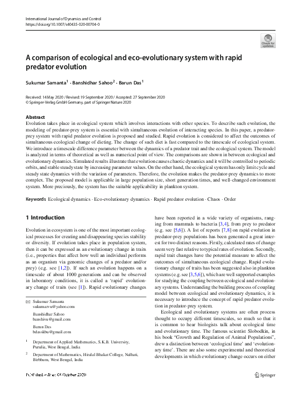 (PDF) A comparison of ecological and eco-evolutionary system with rapid ...