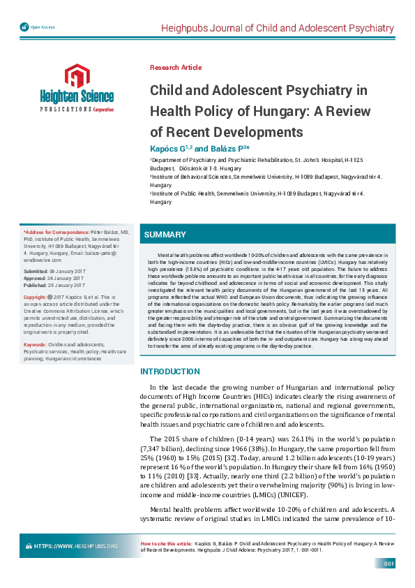 (PDF) Child and Adolescent Psychiatry in Health Policy of Hungary: A ...