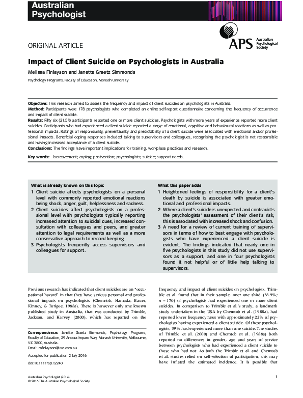 (PDF) Impact of Client Suicide on Psychologists in Australia