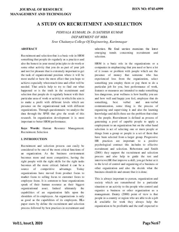 (PDF) A STUDY ON RECRUITMENT AND SELECTION