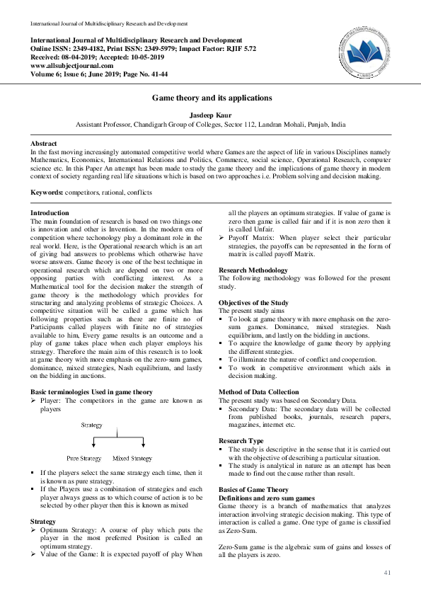 (PDF) Game theory and its applications
