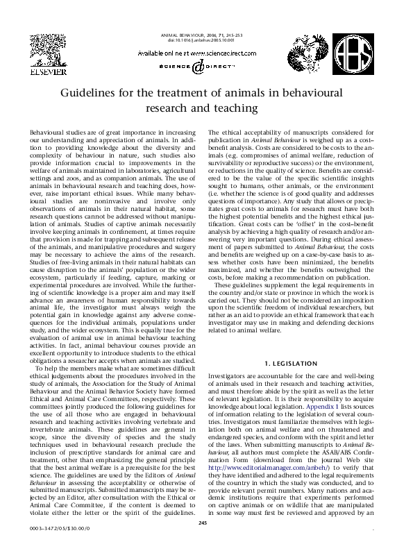 (PDF) Guidelines for the treatment of animals in behavioural research ...