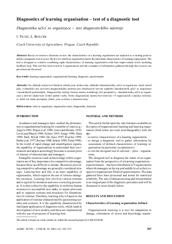 (PDF) Diagnostics of learning organisation - test of a diagnostic tool
