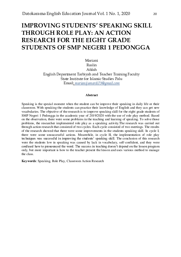 (PDF) Improving Students’ Speaking Skill Through Role Play: An Action ...
