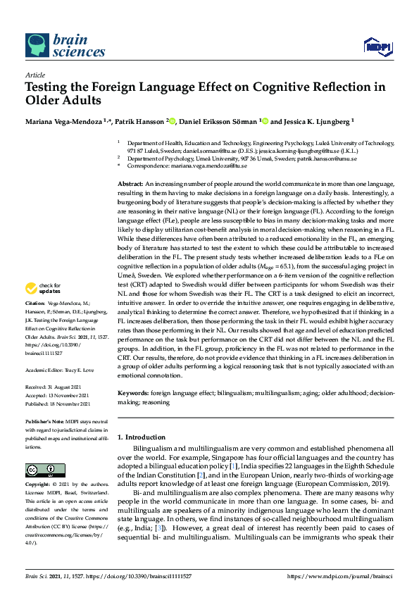 (PDF) Testing the Foreign Language Effect on Cognitive Reflection in ...