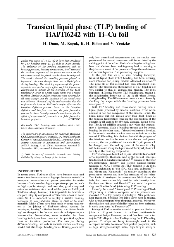 (PDF) Transient liquid phase (TLP) bonding of TiAl/Ti6242 with Ti–Cu foil