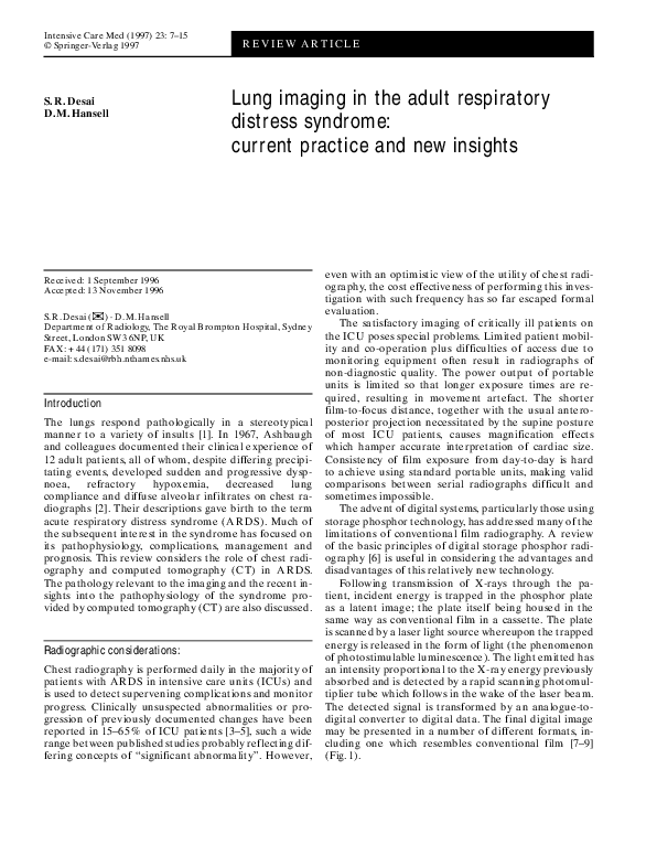 (PDF) Lung imaging in the adult respiratory distress syndrome: current ...
