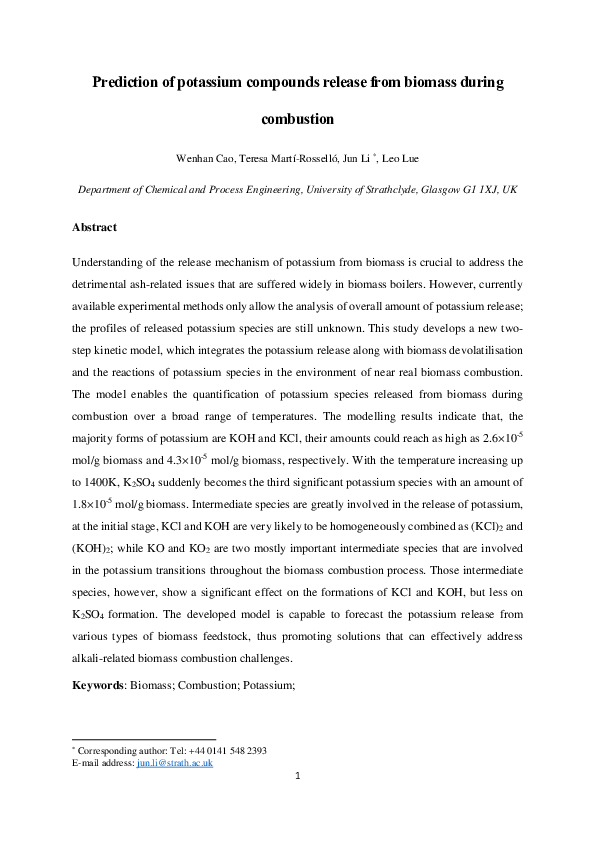 (PDF) Prediction of potassium compounds released from biomass during ...