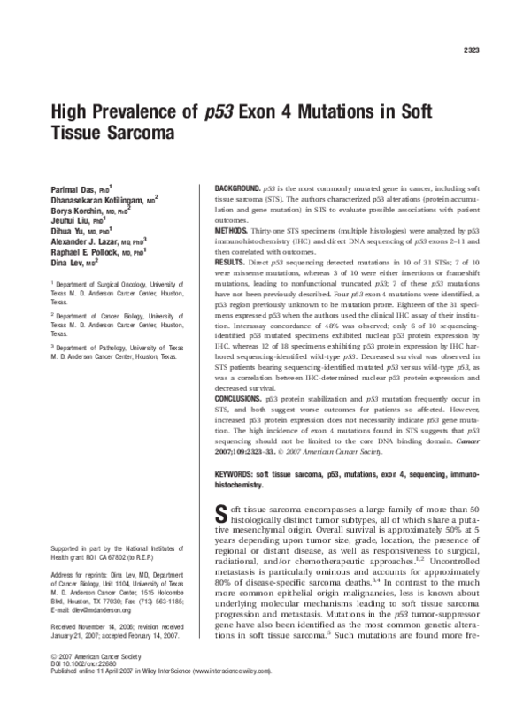 (PDF) High prevalence of p53 exon 4 mutations in soft tissue sarcoma