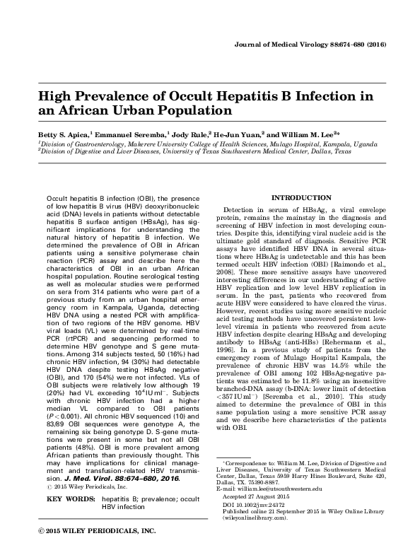 (PDF) High prevalence of occult hepatitis B infection in an African ...
