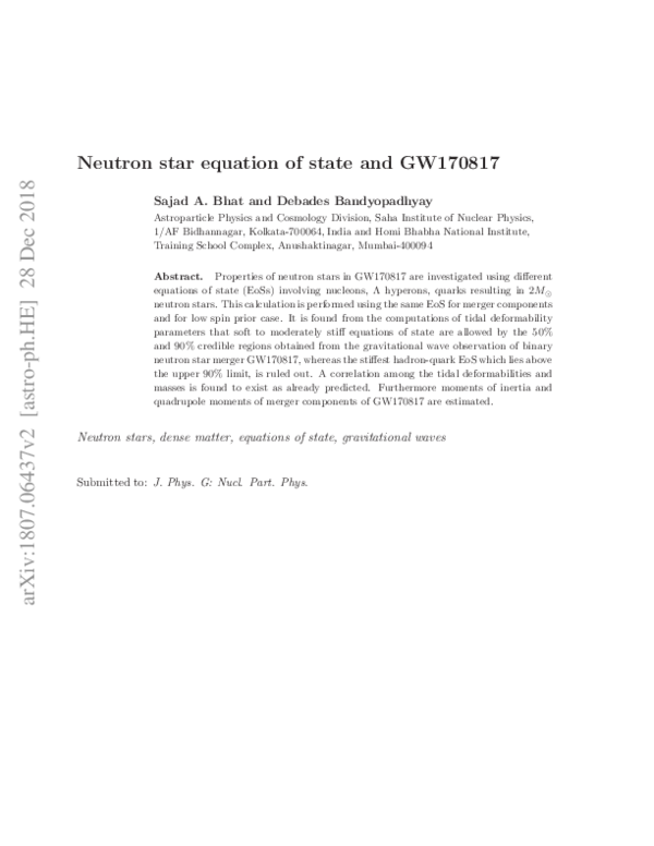 (PDF) Neutron star equation of state and GW170817