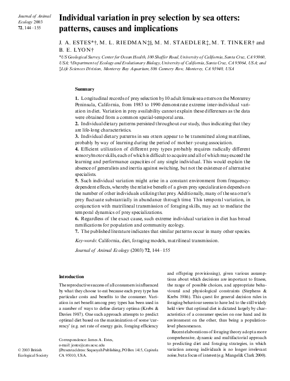 (PDF) Individual variation in prey selection by sea otters: patterns ...